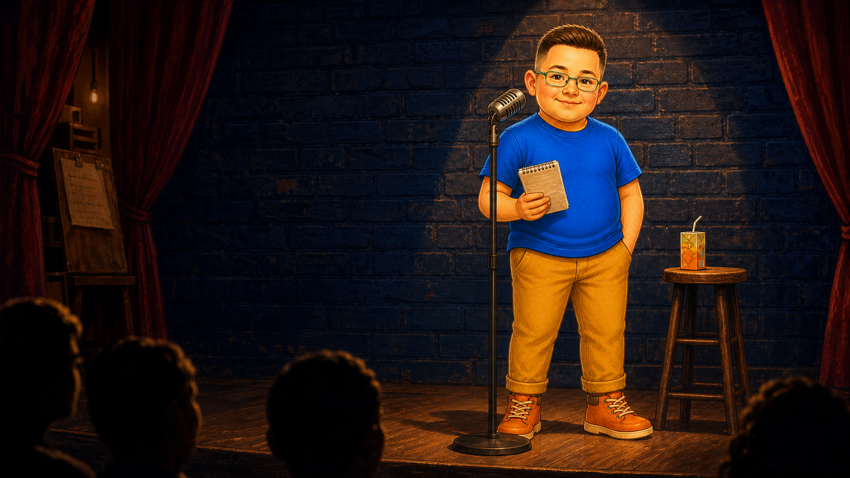 Silly Sam standing at a microphone on a small comedy stage